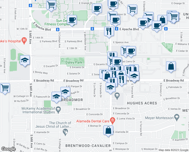 map of restaurants, bars, coffee shops, grocery stores, and more near 615 East Solana Drive in Tempe