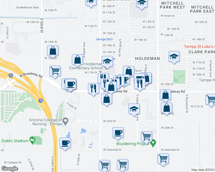 map of restaurants, bars, coffee shops, grocery stores, and more near 1330 West Broadway Road in Tempe