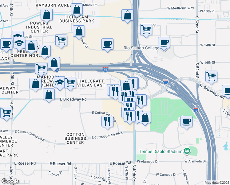 map of restaurants, bars, coffee shops, grocery stores, and more near 4630 East Pueblo Avenue in Phoenix