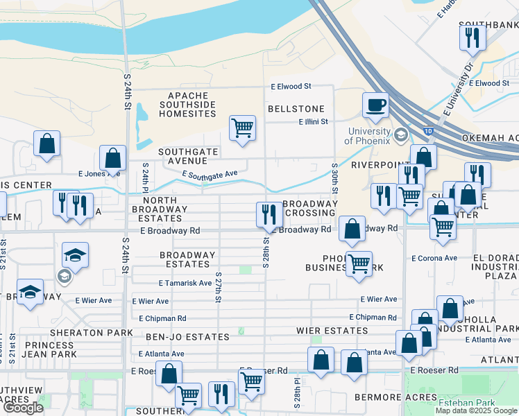 map of restaurants, bars, coffee shops, grocery stores, and more near 2748 East Pueblo Avenue in Phoenix