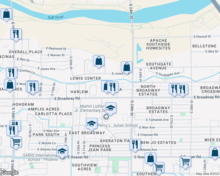 map of restaurants, bars, coffee shops, grocery stores, and more near 2222 East Pueblo Avenue in Phoenix