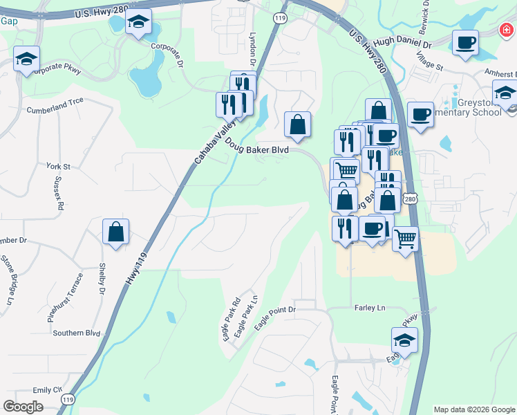 map of restaurants, bars, coffee shops, grocery stores, and more near 4546 Little Ridge Drive in Birmingham