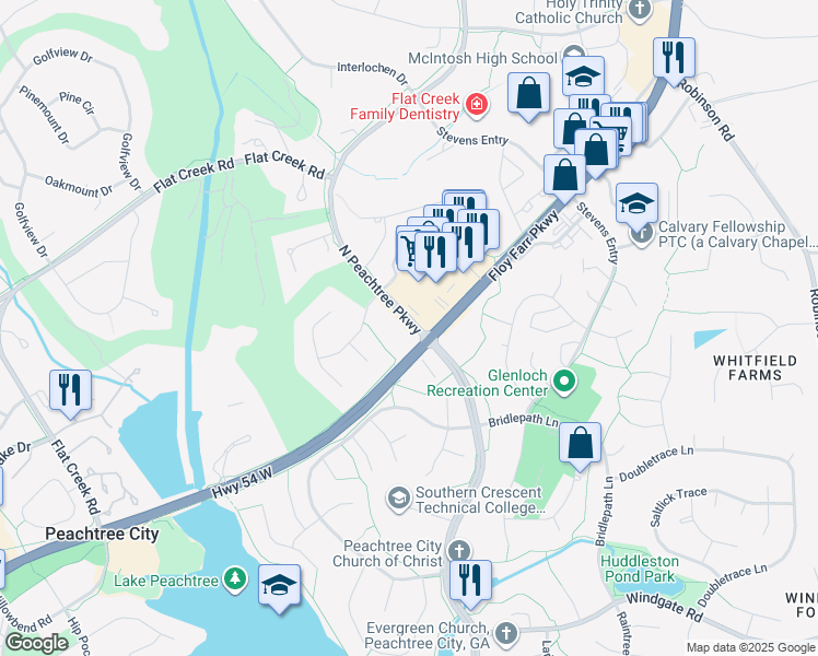 map of restaurants, bars, coffee shops, grocery stores, and more near 101 North Peachtree Parkway in Peachtree City
