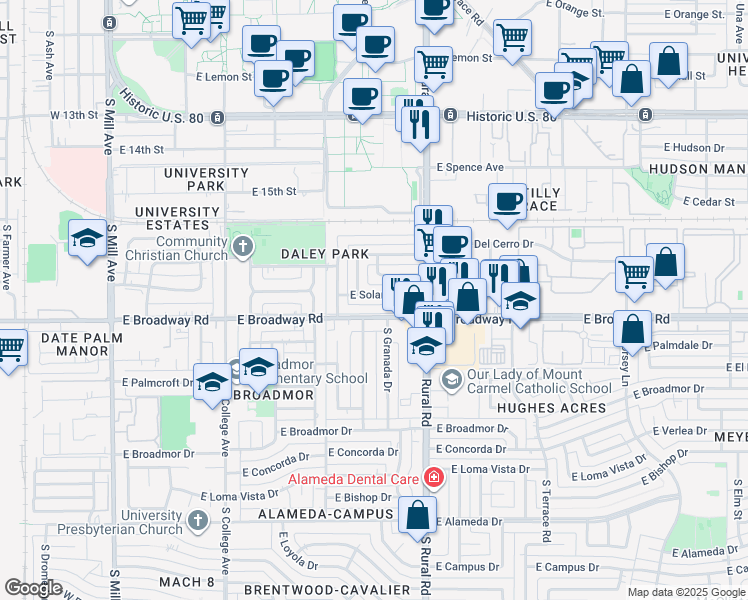 map of restaurants, bars, coffee shops, grocery stores, and more near 615 East Solana Drive in Tempe