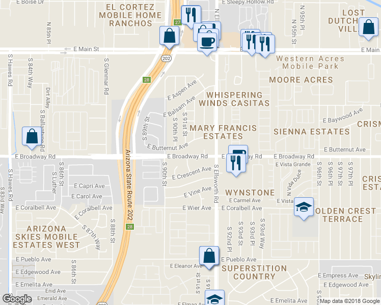map of restaurants, bars, coffee shops, grocery stores, and more near 9056 East Broadway Road in Mesa
