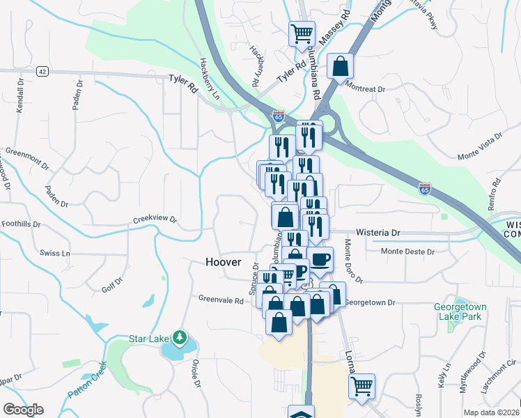 map of restaurants, bars, coffee shops, grocery stores, and more near 3025 Whispering Pines Circle in Birmingham