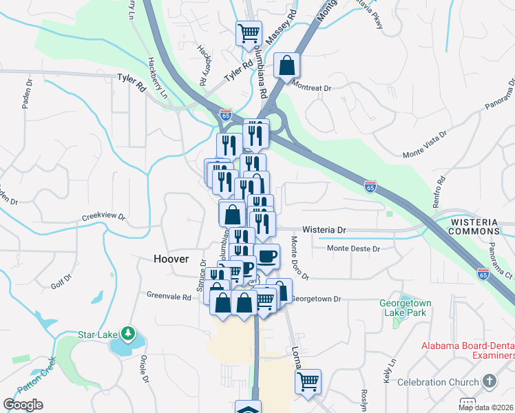 map of restaurants, bars, coffee shops, grocery stores, and more near 1545 Montgomery Highway in Hoover
