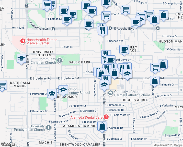 map of restaurants, bars, coffee shops, grocery stores, and more near 615 East Solana Drive in Tempe