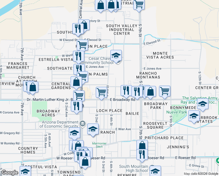 map of restaurants, bars, coffee shops, grocery stores, and more near 4207 South 3rd Street in Phoenix