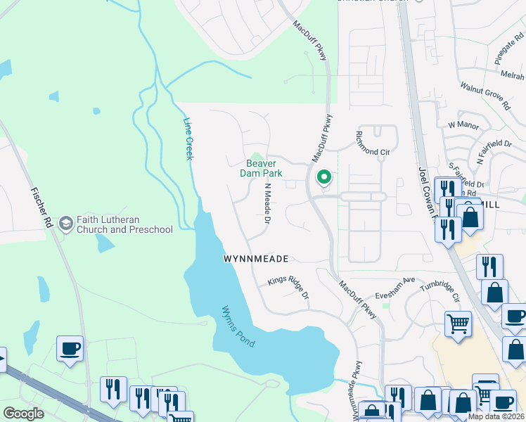 map of restaurants, bars, coffee shops, grocery stores, and more near 201 North Meade Drive in Peachtree City