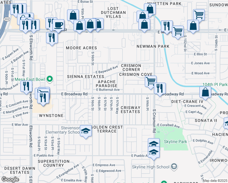map of restaurants, bars, coffee shops, grocery stores, and more near 9749 East Butternut Avenue in Mesa