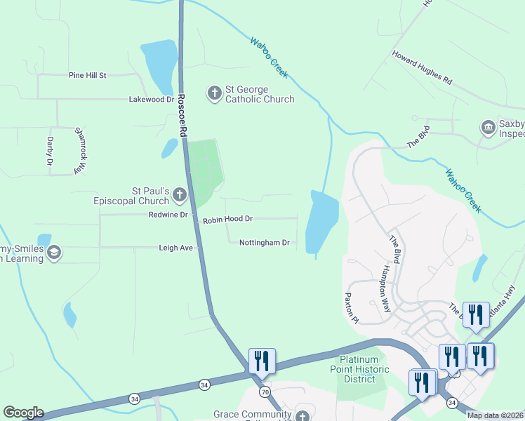 map of restaurants, bars, coffee shops, grocery stores, and more near 128 Robin Hood Drive in Newnan