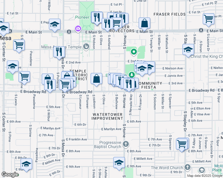 map of restaurants, bars, coffee shops, grocery stores, and more near 706 E Broadway Rd in Mesa