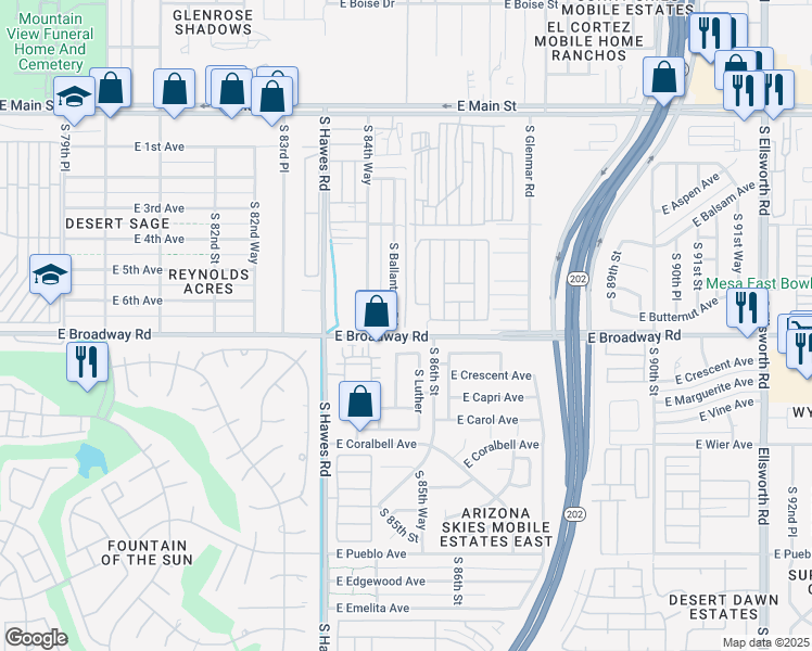 map of restaurants, bars, coffee shops, grocery stores, and more near 8520 East Broadway Road in Mesa