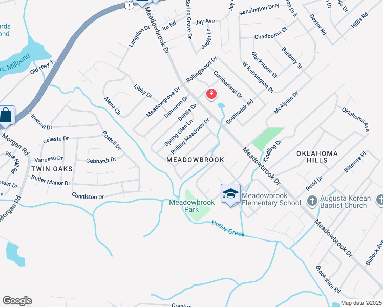 map of restaurants, bars, coffee shops, grocery stores, and more near 3620 Columbine Drive in Augusta