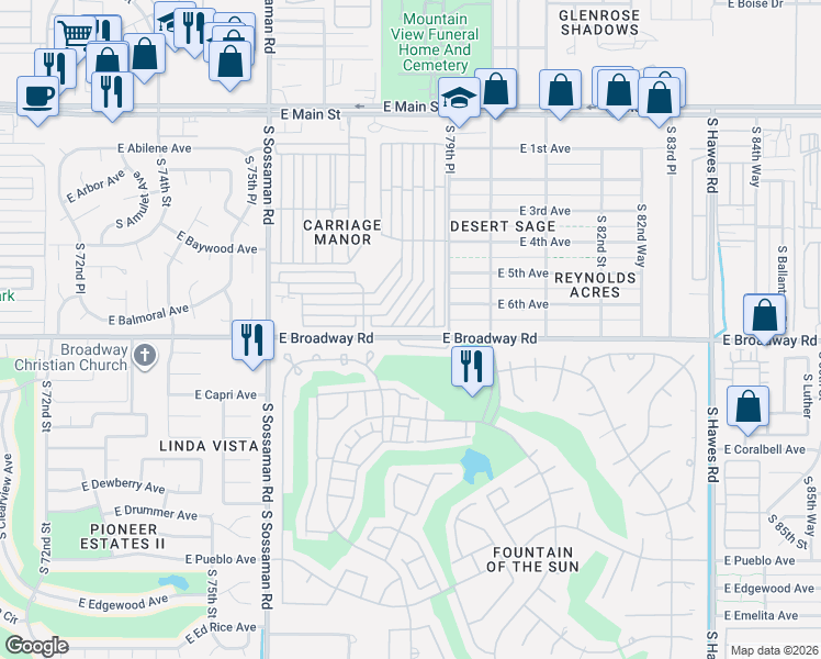 map of restaurants, bars, coffee shops, grocery stores, and more near 7909 East Broadway Road in Mesa
