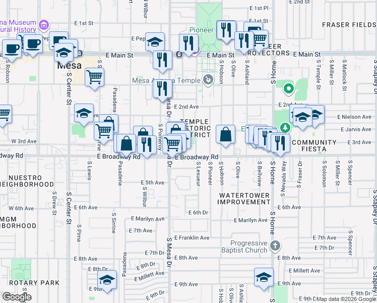 map of restaurants, bars, coffee shops, grocery stores, and more near 446 East Broadway Road in Mesa