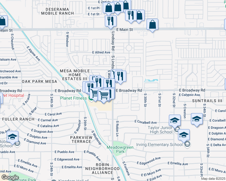 map of restaurants, bars, coffee shops, grocery stores, and more near E Broadway Rd & S Lindsay Rd in Mesa