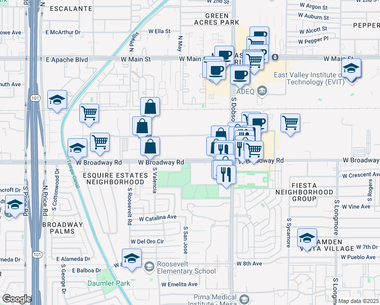map of restaurants, bars, coffee shops, grocery stores, and more near 2140 West Broadway Road in Mesa