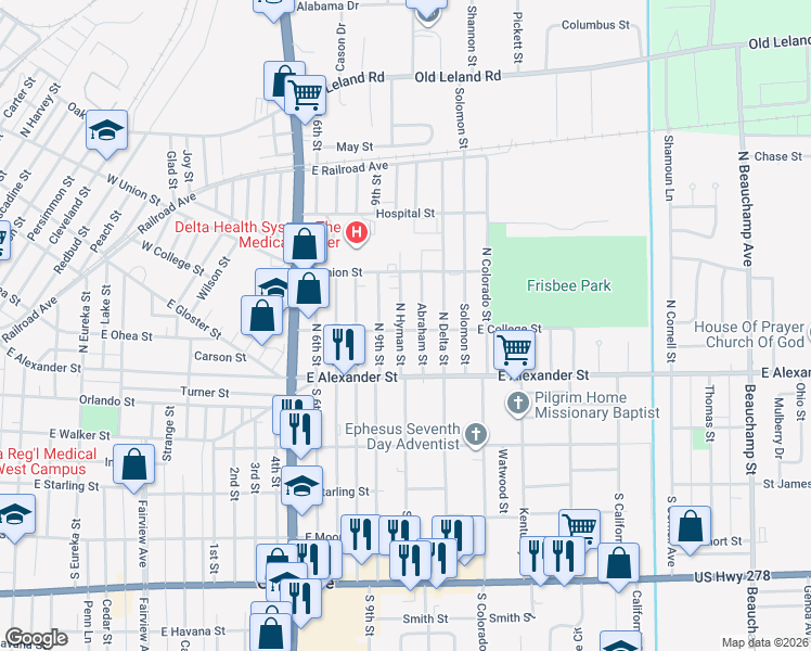 map of restaurants, bars, coffee shops, grocery stores, and more near 1602 East College Street in Greenville