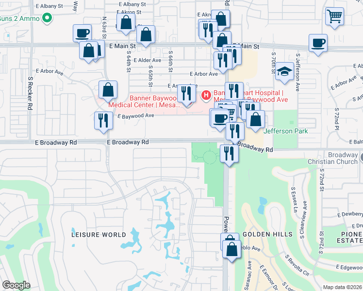 map of restaurants, bars, coffee shops, grocery stores, and more near 1054 Leisure World in Mesa