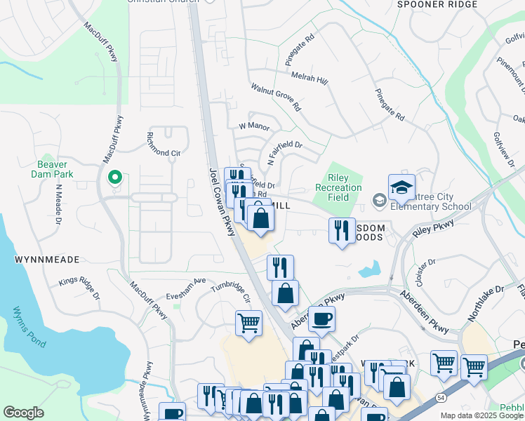 map of restaurants, bars, coffee shops, grocery stores, and more near 102 Wisdom Road in Peachtree City