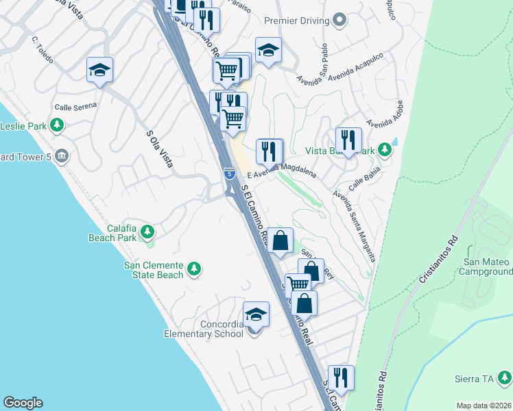 map of restaurants, bars, coffee shops, grocery stores, and more near 2613 El Camino Real in San Diego County
