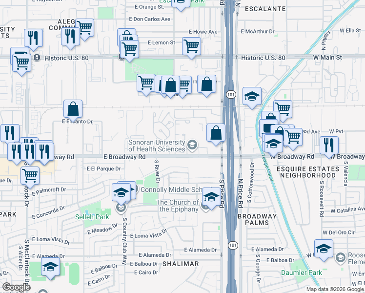 map of restaurants, bars, coffee shops, grocery stores, and more near 2134 East Broadway Road in Tempe