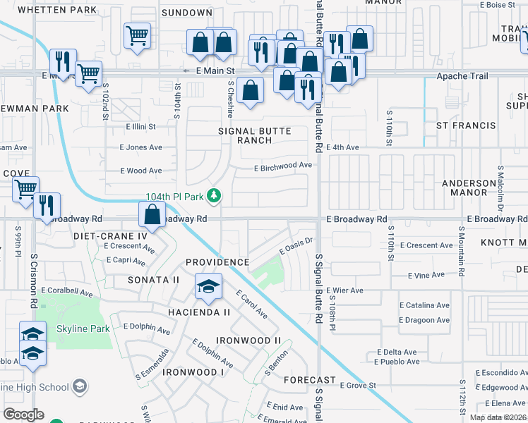 map of restaurants, bars, coffee shops, grocery stores, and more near 10635 East Bogart Avenue in Mesa