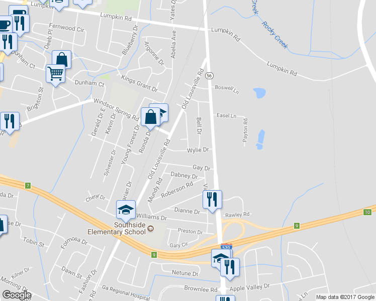 map of restaurants, bars, coffee shops, grocery stores, and more near 3199 Ashmore Drive in Augusta