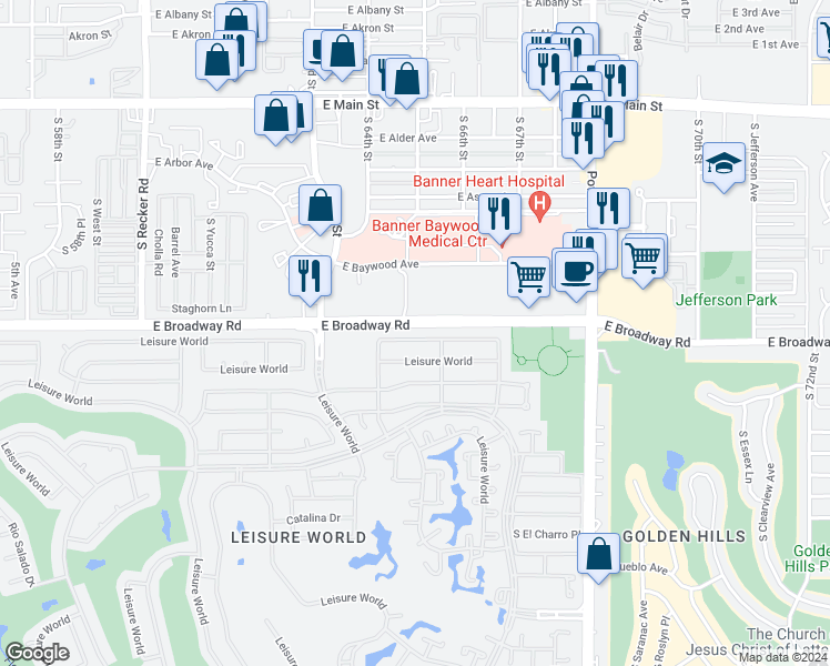 map of restaurants, bars, coffee shops, grocery stores, and more near 1078 Leisure World in Mesa