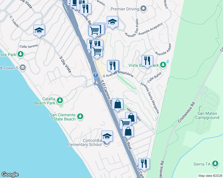 map of restaurants, bars, coffee shops, grocery stores, and more near 2615 Calle Del Comercio in San Clemente