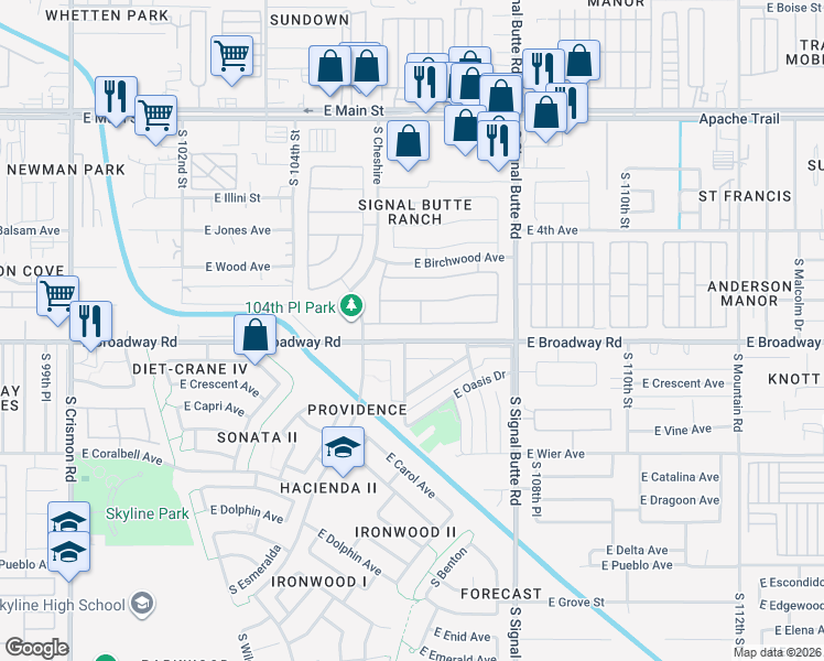 map of restaurants, bars, coffee shops, grocery stores, and more near 10635 East Bogart Avenue in Mesa