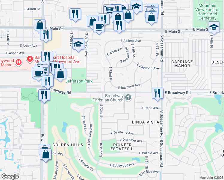 map of restaurants, bars, coffee shops, grocery stores, and more near 7255 East Broadway Road in Mesa