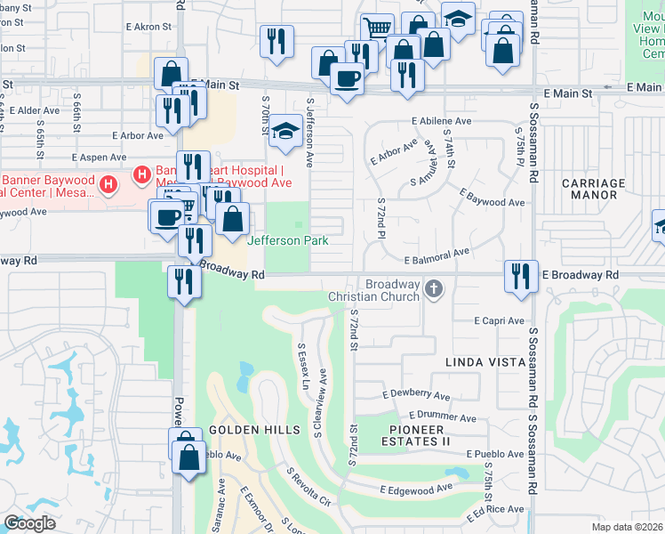 map of restaurants, bars, coffee shops, grocery stores, and more near 7154 East Broadway Road in Mesa