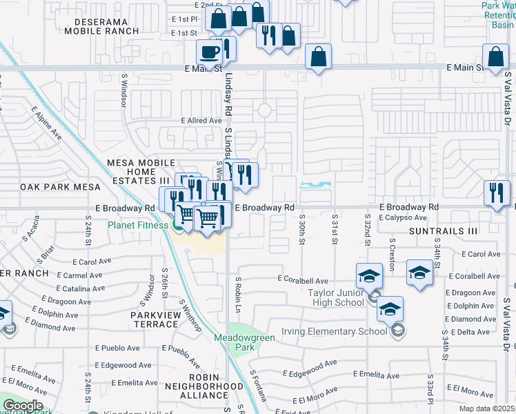 map of restaurants, bars, coffee shops, grocery stores, and more near 2855 East Broadway Road in Mesa