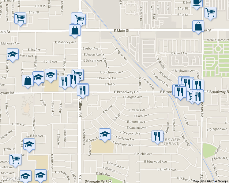 map of restaurants, bars, coffee shops, grocery stores, and more near 2222 East Broadway Road in Mesa