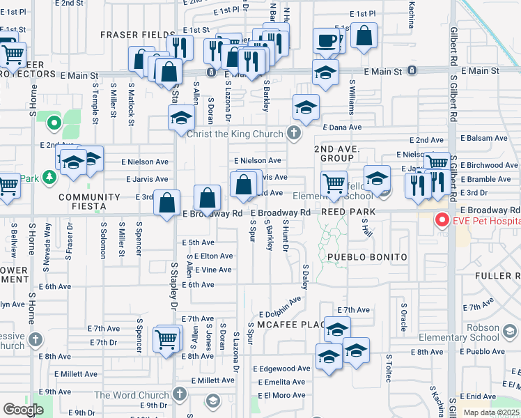 map of restaurants, bars, coffee shops, grocery stores, and more near in Mesa