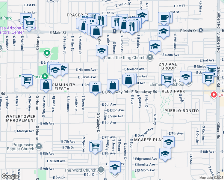 map of restaurants, bars, coffee shops, grocery stores, and more near 1244 East Broadway Road in Mesa