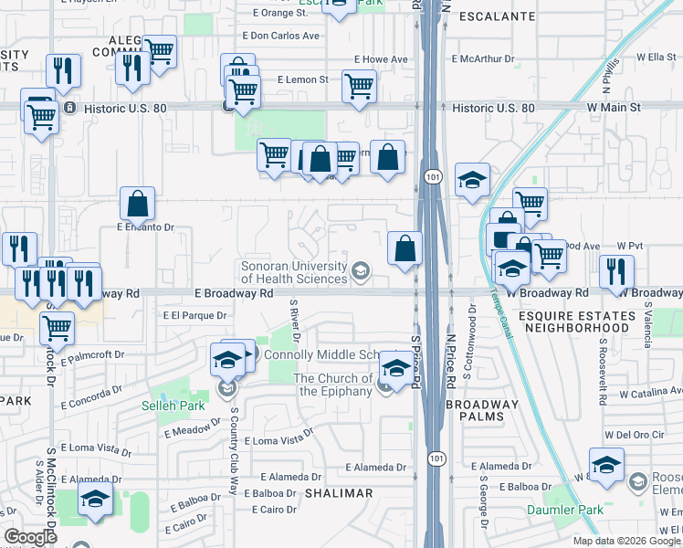 map of restaurants, bars, coffee shops, grocery stores, and more near 2134 East Broadway Road in Tempe