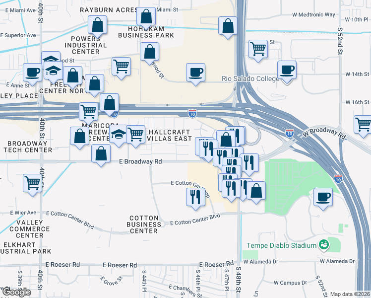 map of restaurants, bars, coffee shops, grocery stores, and more near 4526 East Pueblo Avenue in Phoenix