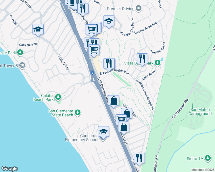 map of restaurants, bars, coffee shops, grocery stores, and more near 2617 Calle Del Comercio in San Clemente