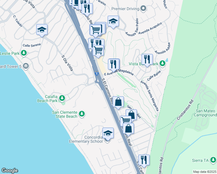 map of restaurants, bars, coffee shops, grocery stores, and more near 2617 Calle Del Comercio in San Clemente