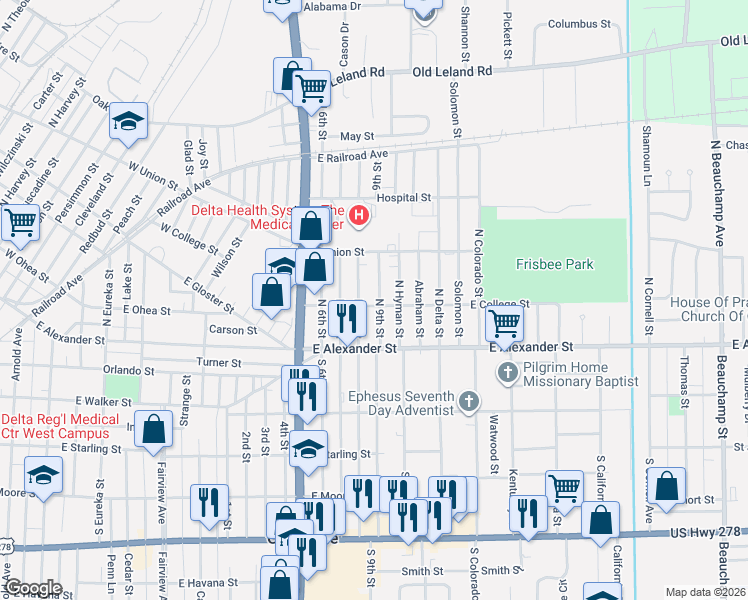 map of restaurants, bars, coffee shops, grocery stores, and more near 1305 College Street in Greenville
