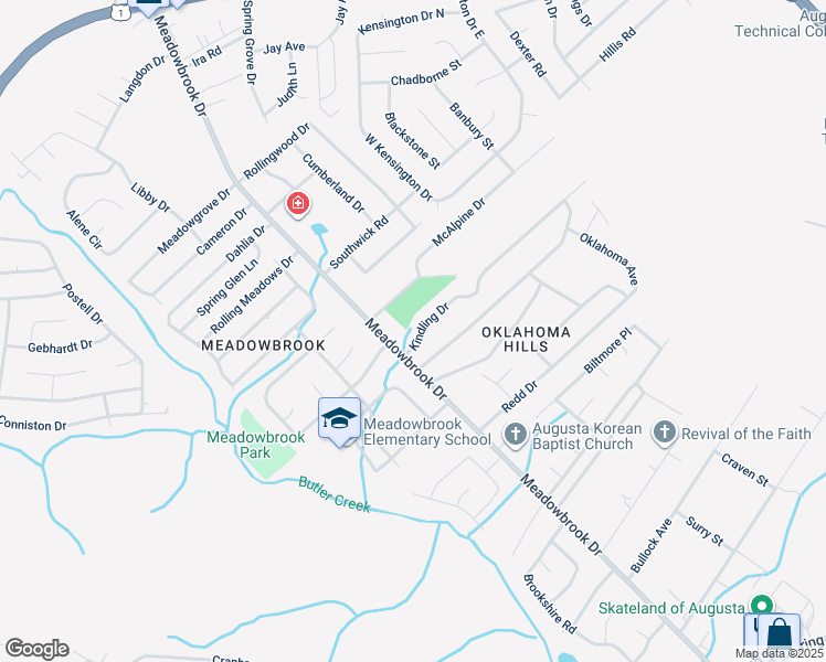 map of restaurants, bars, coffee shops, grocery stores, and more near 3577 Kindling Drive in Augusta