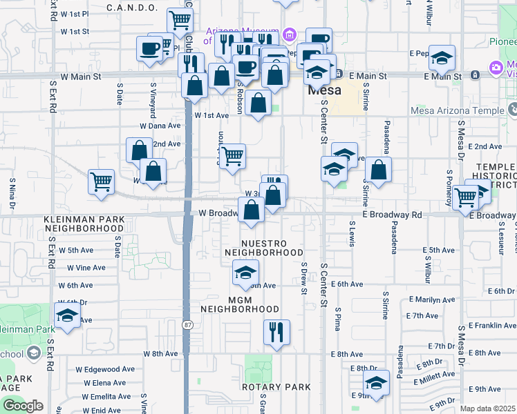 map of restaurants, bars, coffee shops, grocery stores, and more near 134 West Broadway Road in Mesa