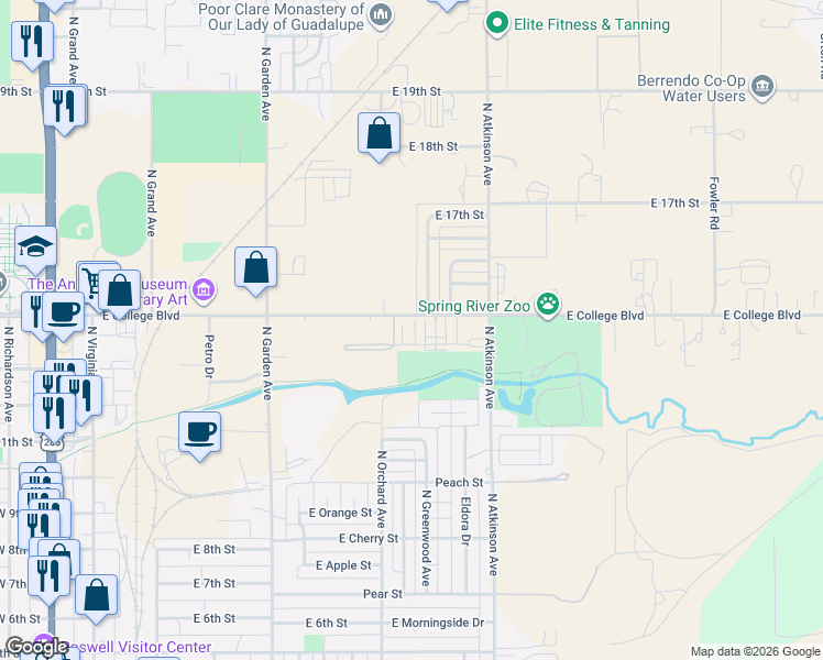 map of restaurants, bars, coffee shops, grocery stores, and more near 1100-1198 E College Blvd in Roswell