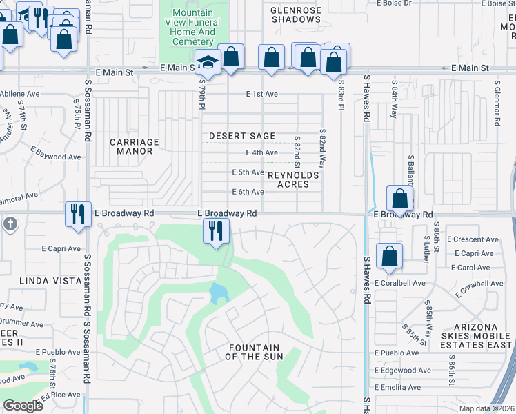 map of restaurants, bars, coffee shops, grocery stores, and more near 8032 East Broadway Road in Mesa