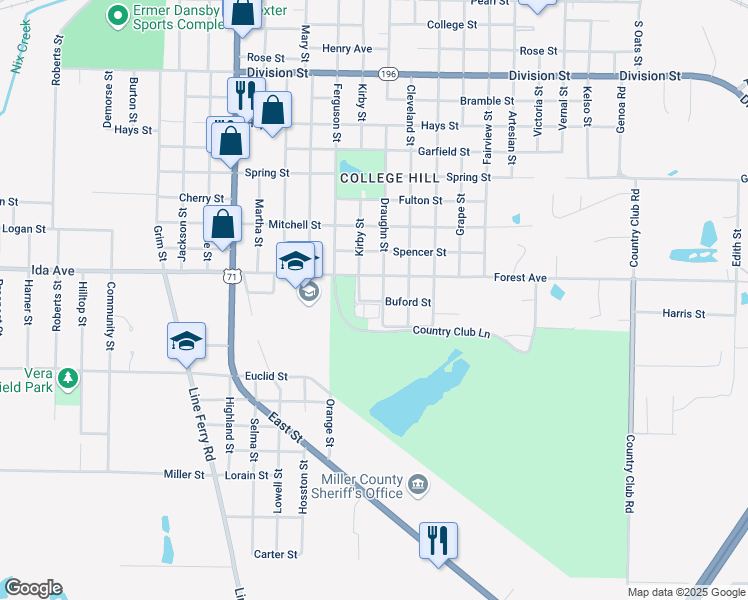 map of restaurants, bars, coffee shops, grocery stores, and more near 1819 Kirby Street in Texarkana