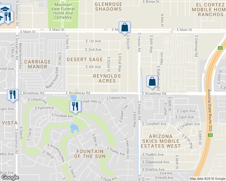 map of restaurants, bars, coffee shops, grocery stores, and more near 8212 East Broadway Road in Mesa